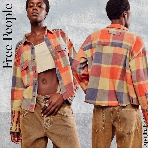 WE THE FREE AUSTIN PLAID BUTTON DOWN JACKET SHIRT MEDIUM NWT IN OCHRE COMBO